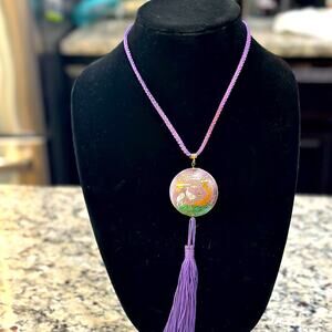 Vintage Freirich Cloisonné Purple Crane Sakura Tree DBL sided Pendant Necklace